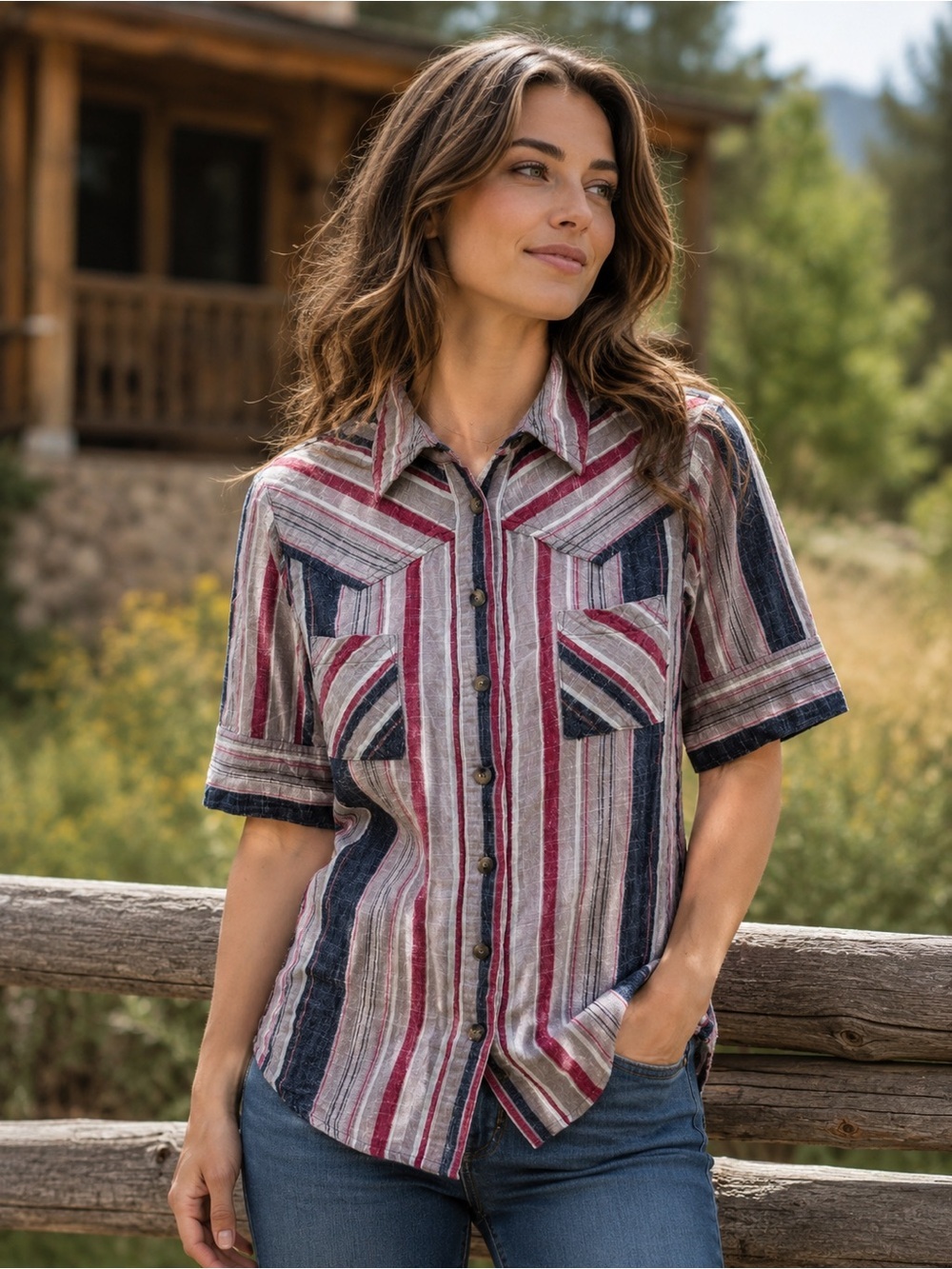 Xirena Striped Short-Sleeve Button-Up Top in Red & Blue